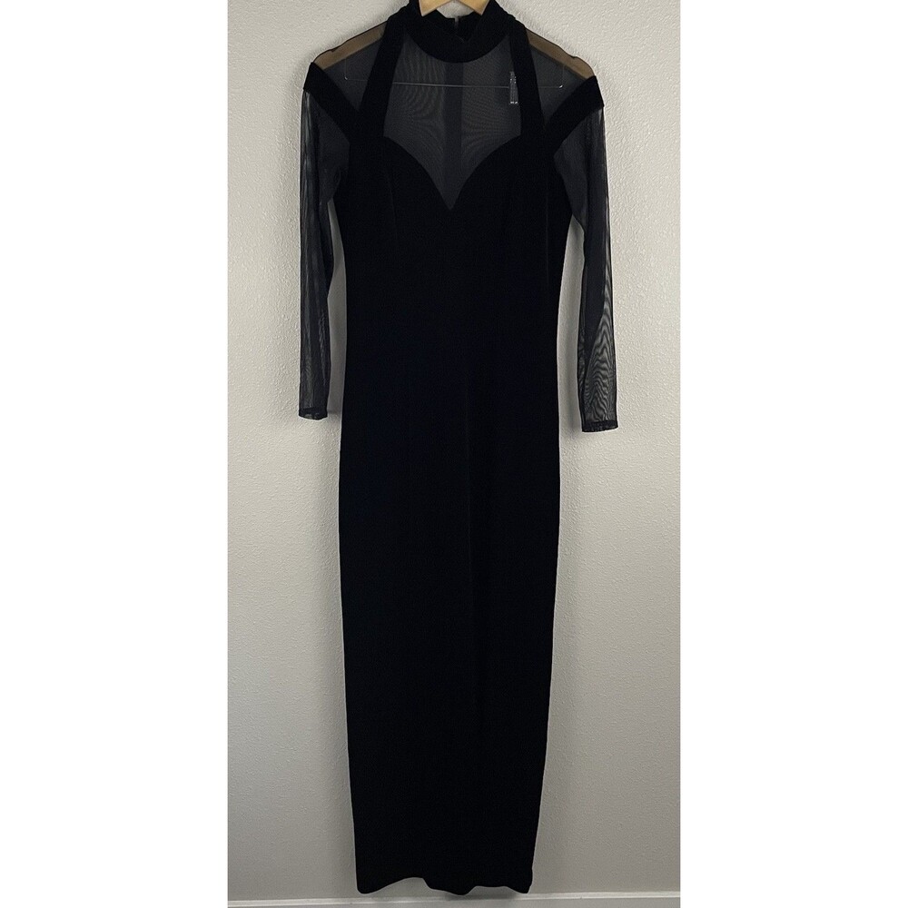 Vtg Tadashi Shoji XL Black Velvet Mesh Illusion Dress Sweetheart Neck Glam Goth